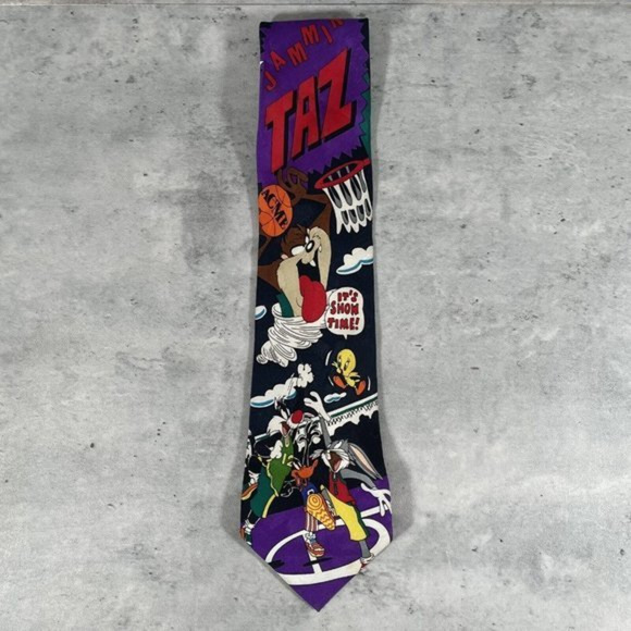 VTG 1993 Looney Tunes Mania Mens Tie Bugs Bunny Taz Devil Marvin Basketball MINT - Picture 1 of 5